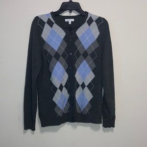 Dark gray cardigan with light blue argyle size small